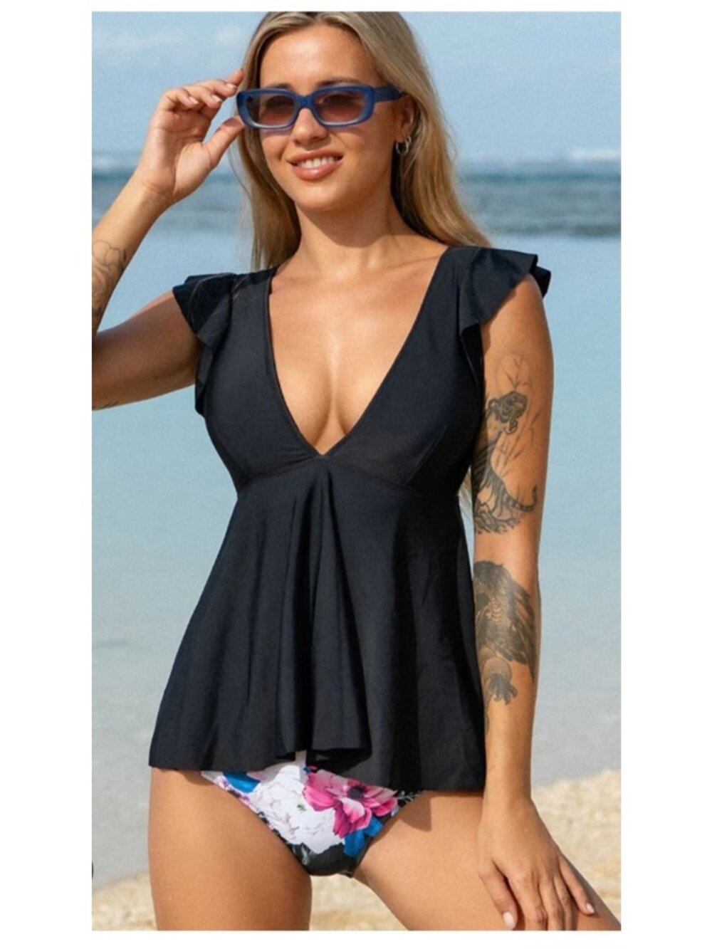 Womens Large Ruffled Shoulder V-Neck Black Tankini Top Floral Bottom Beach Pool
